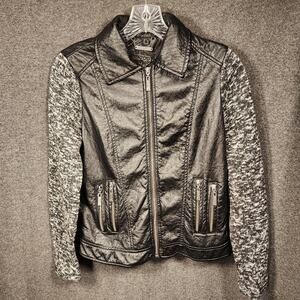 JOUJOU Black Faux Leather Marled Knitted Sleeves Moto Jacket Womens Small FLAWED